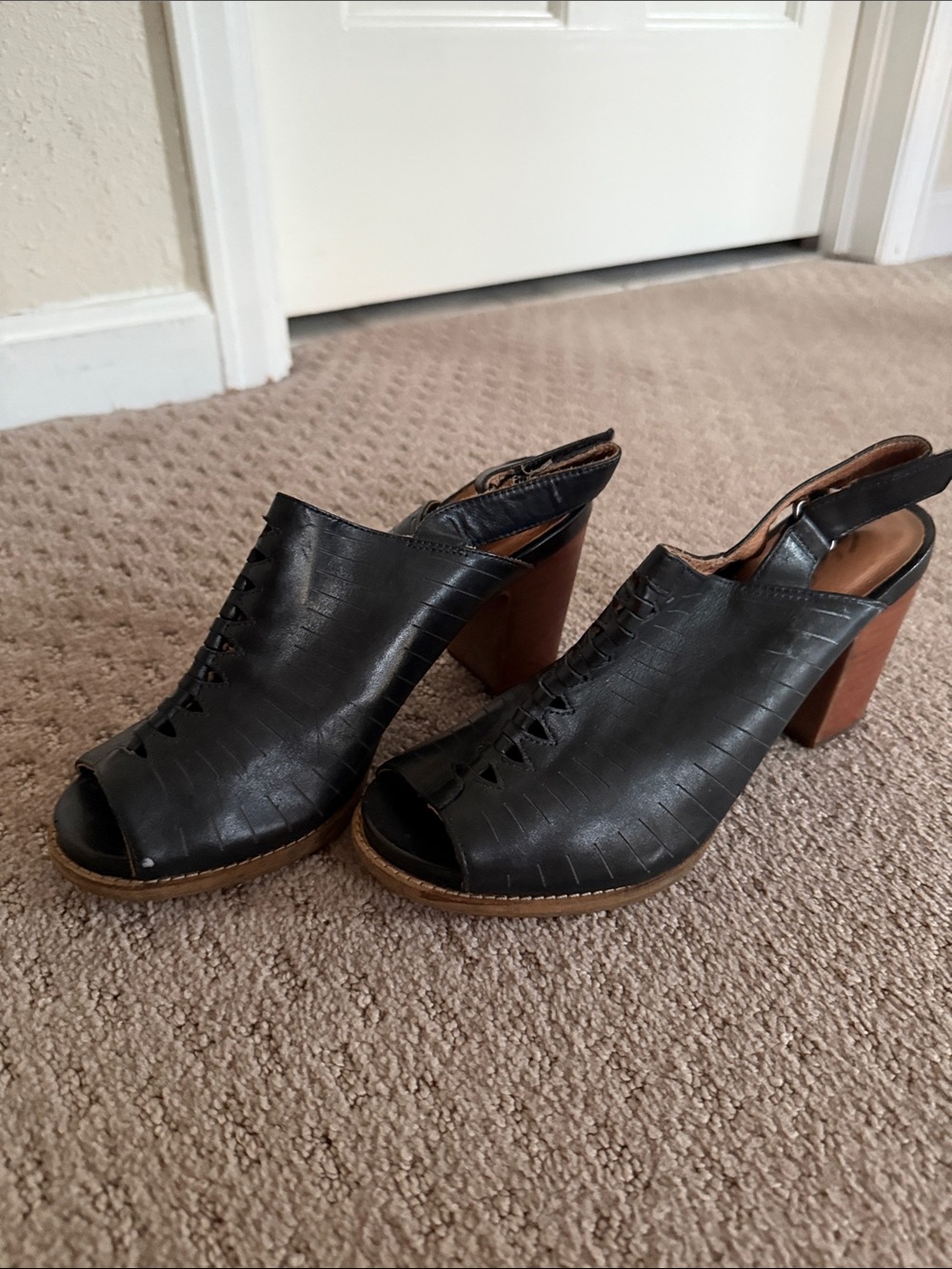 Clarks Black Peep-Toe Slingback Block Heel Sandals